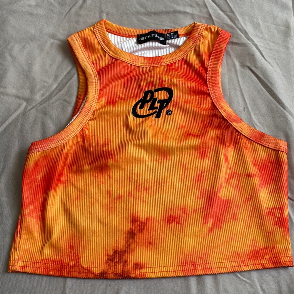 PrettyLittleThing PLT orange tie dye fitted tank top size 6